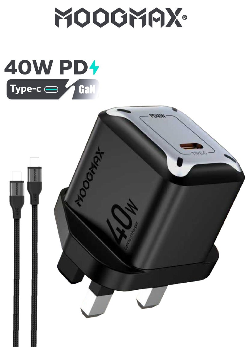 موجماكس شاحن تايب سي مع سلك شاحن تايب سي من القماش. راس شاحن تايب سي سريع بقوة 40 واط. فيش شاحن بتقنية GaN. فيش جداري بنظام حماية ضد الكهرباء الجهد الزائد. شاحن جداري بحجم صغير ومناسب لسفر. شاحن ايفون، شاحن سامسونج، هونر، هواوي، وغيره من الأجهزة. شاحن جوال باللون الأسود. - Image 1